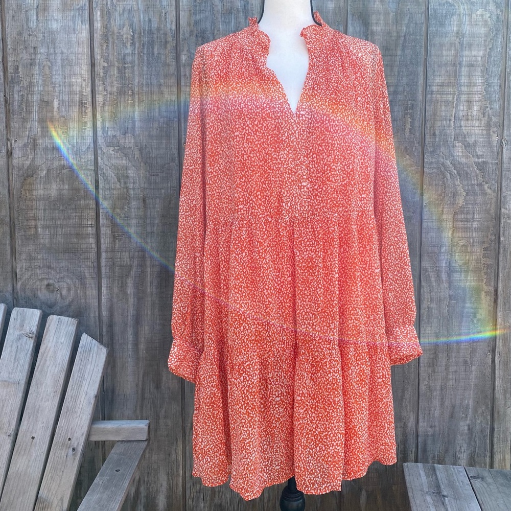 New Sam and Jess Ditzy Floral Orange Dress Sheer Long Button Sleeve Lined Dress